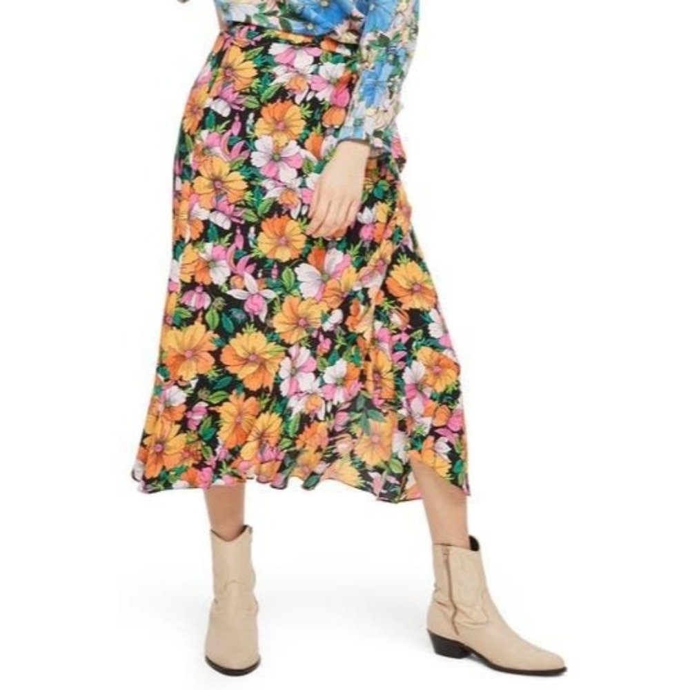 NWT Topshop Heavy Petal Print Midi Skirt 10 Ruffled Black Multi
